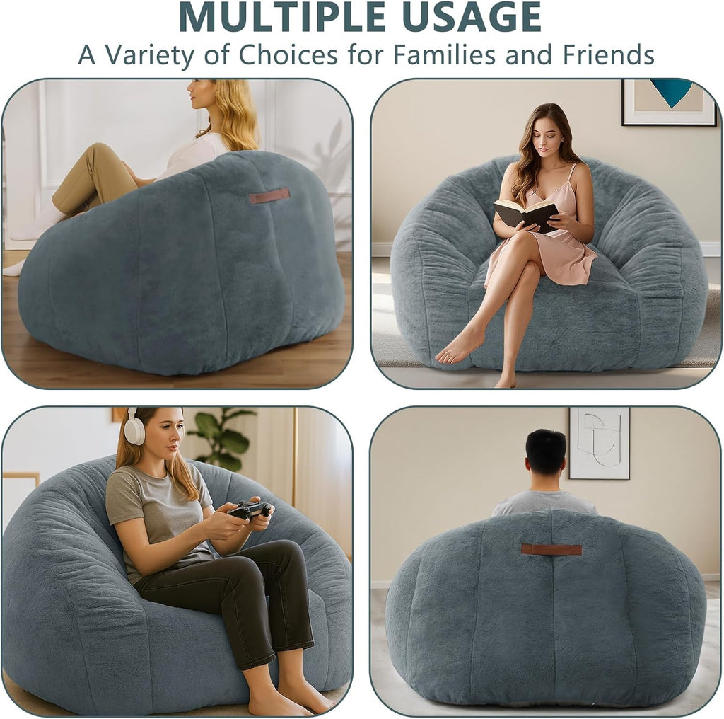 Bean Bag Chair for Adults, Soft Faux Fur Giant Beanbag Chairs, Oversized Cozy Bean Bag Couch Large Reading Chair, Comfy Bean Bag Sofa for Living Room, Bedroom & Dorm, Blue Grey