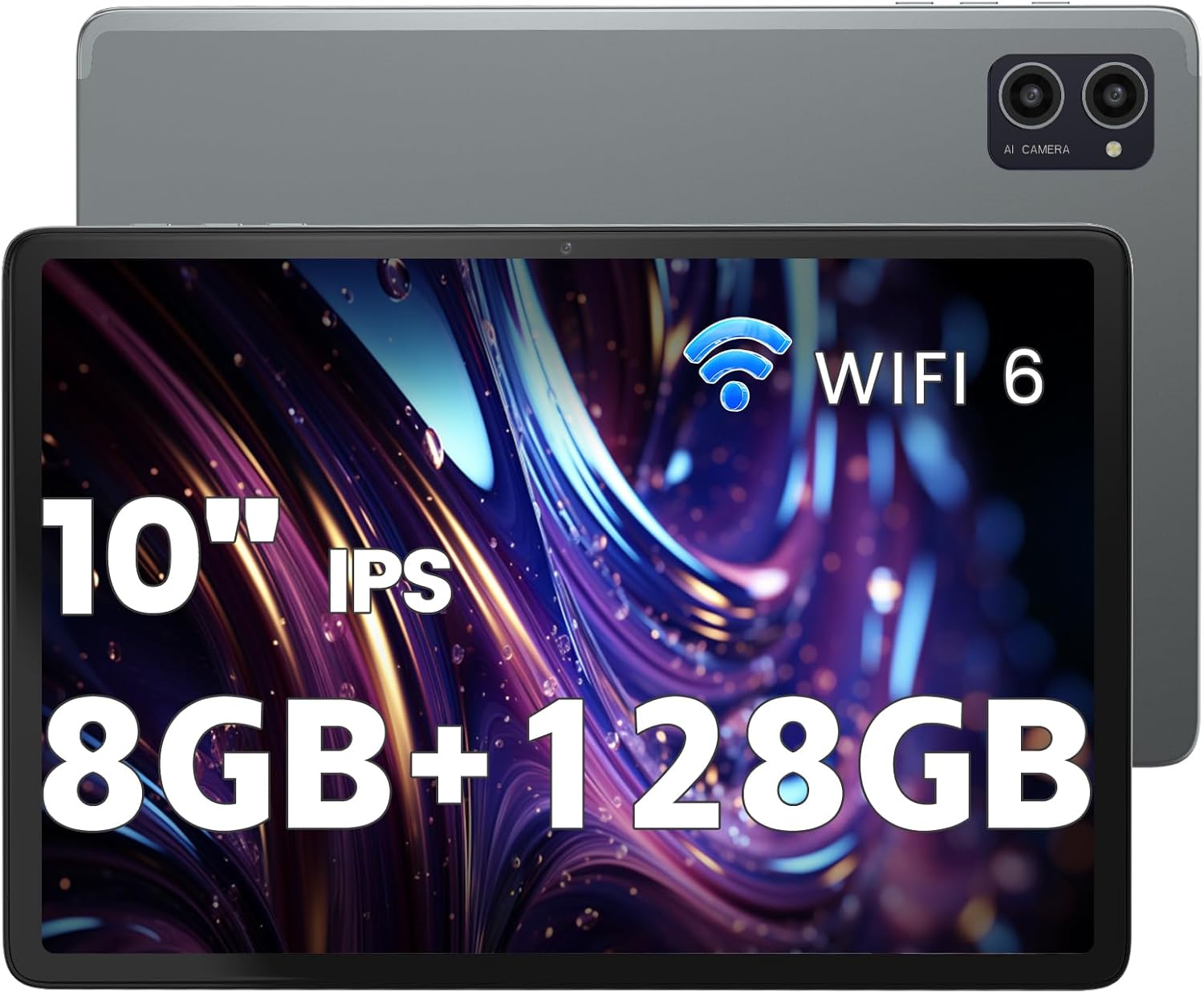 Azeyou Android Tablet 10 Inch, 8GB RAM 128GB, Octa-Core, 1280×800 IPS Display, WiFi 6 Bluetooth 5.0, 6000mAh Long-Lasting Battery, Dual Camera, Face Unlock, Parent Control, GMS Certified, Metal