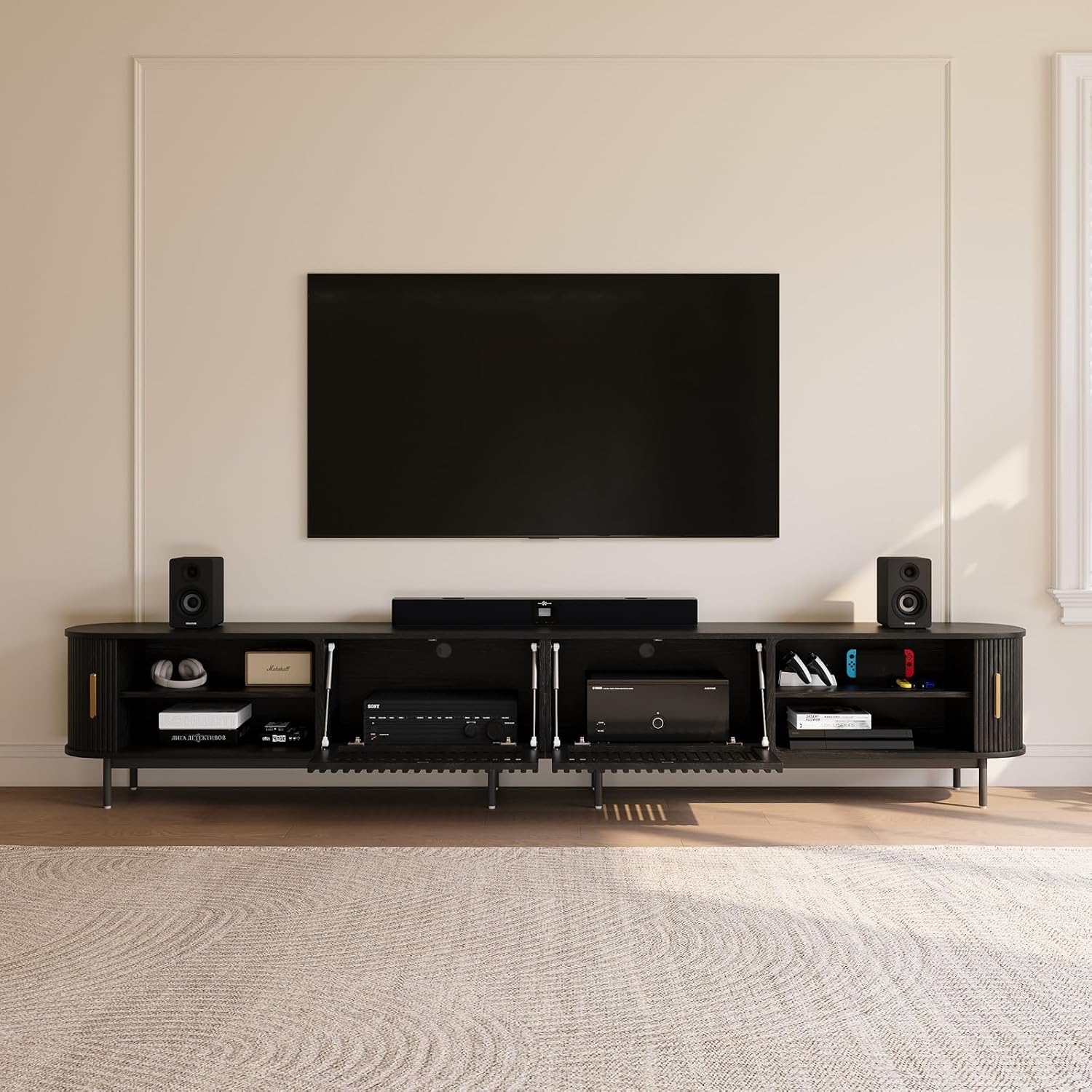 POVISON Fully-Assembled Sliding Tambour Door TV Stand, Mid Century Modern TV Console, Wood Media Console, Entertainment Center with Storage Cabinet(Black, 118.11')