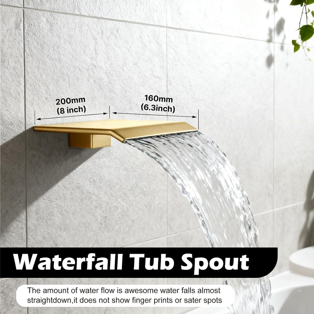Midanya Shower System with Tub Spout,Bathtub Shower Faucet Set with Square Rainfall Head and Handheld Sprayer Wall Mount Tub Faucet Set with Valve and Trim Kit,8 Inch Brushed Gold