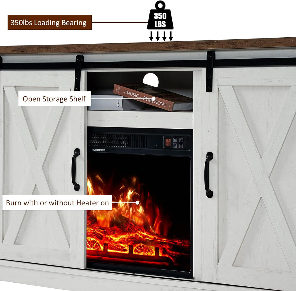AMERLIFE Fireplace TV Stand with Sliding Barn Door for TVs up to 73', Farmhouse 63' Fireplace Entertainment Center with Storage Cabinets/Adjustable Shelves, Distressed White & Barnwood