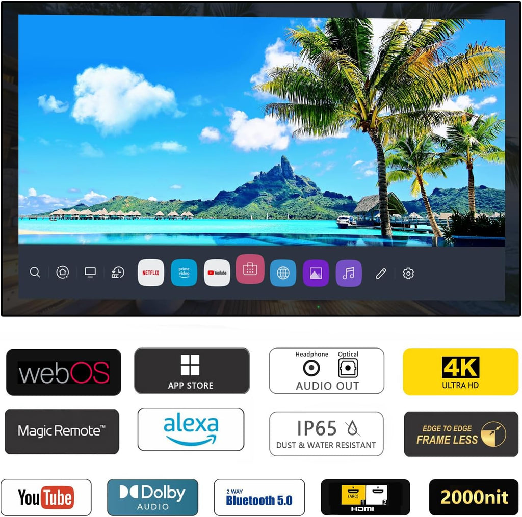 55-Inch IP65 Waterproof Smart TV for Outdoor, 4K UHD 2000Nits with Luxury Black Tempered Glass Front Panel, All Weather TV for Outside Partial Sun(webOS)