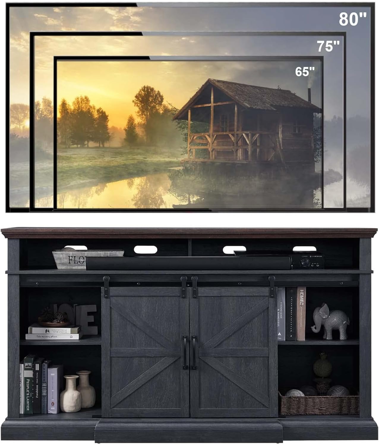 Farmhouse TV Stand for 80 Inch TVs, 37.4'Tall Entertainment Center w/Storage Cabinets and Sliding Barn Door, Media Console Cabinet w/Soundbar & Adjustable Shelves for Living Room, 70 inch (Dark Grey)