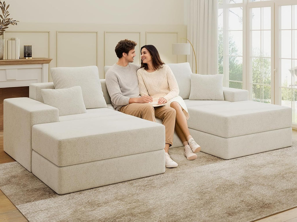 Living&Giving 101' U-Shaped Cloud Sectional Couch for Living Room, Cloud Boneless Couch-No Assembly with Reversible Chaise, Customizable 3-Seat Modular Sectional Sofa with 2 Ottoman, Beige