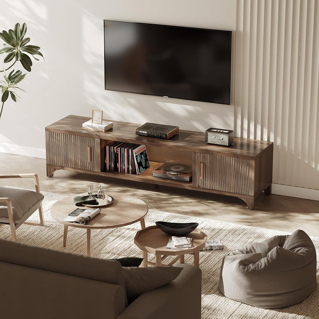 Mid Century Modern TV Stands for 65/70/75 Inch TV, Boho Media Console for Living Room, Fluted TV Entertainment Center with Storage, Wood Television Cabinet for Bedroom