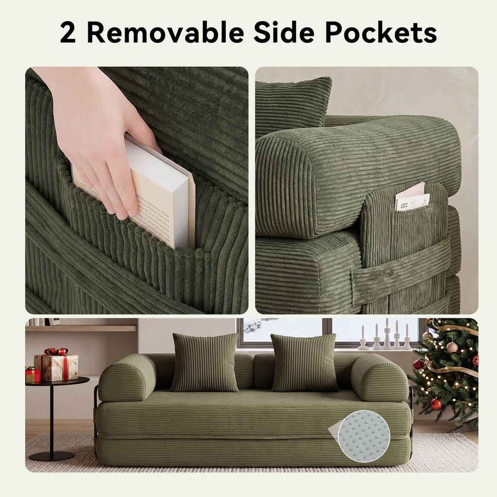 79' Sofa Bed Convertible Boneless Couch Corduroy Modular Couch Bed with Fixed-Shape Frame & Removable Armrests for Living Room, Bedroom (Green)