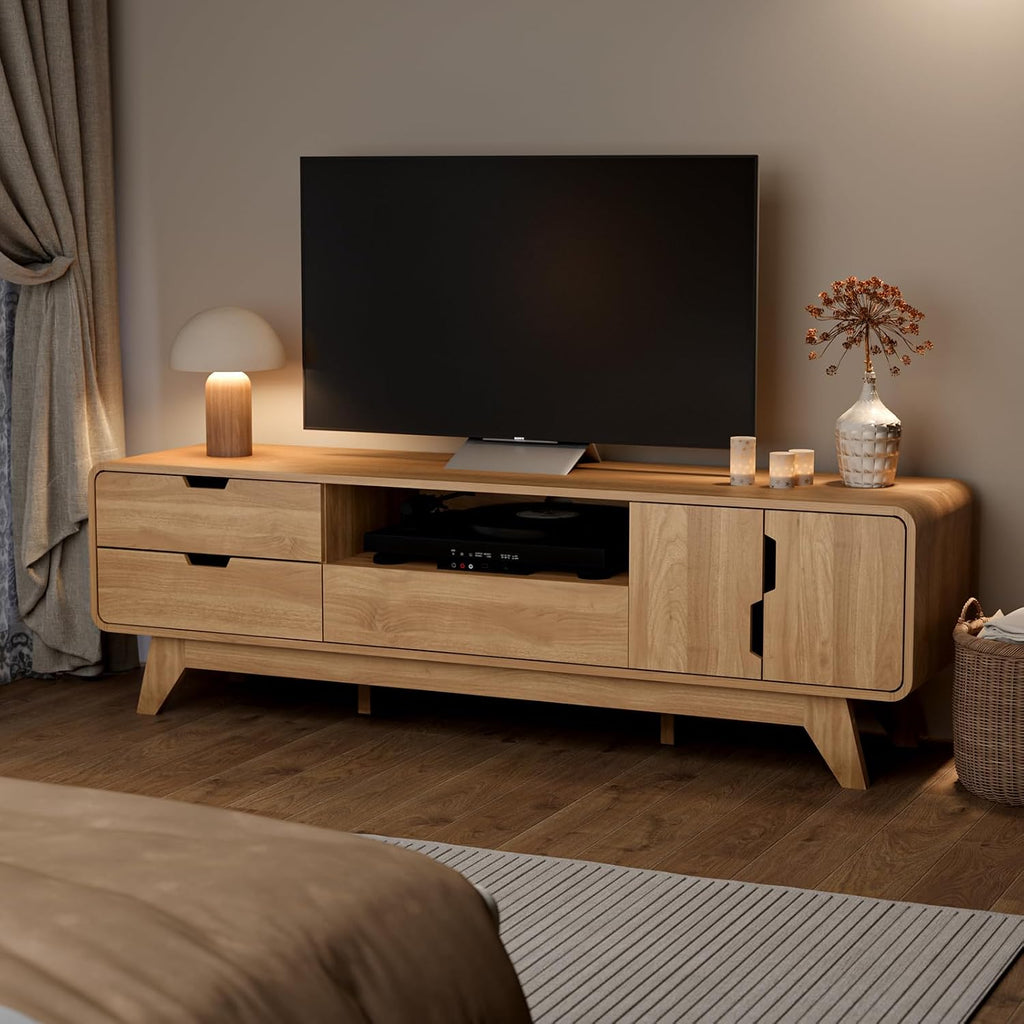 BREEZEHEAT 63' Wood TV Stand, Mid Century Modern TV Stands for TVs up to 70 inch, Entertainment Center with Storage Cabinet and 3 Drawers, Media and TV Console for Living Room, Natural Oak