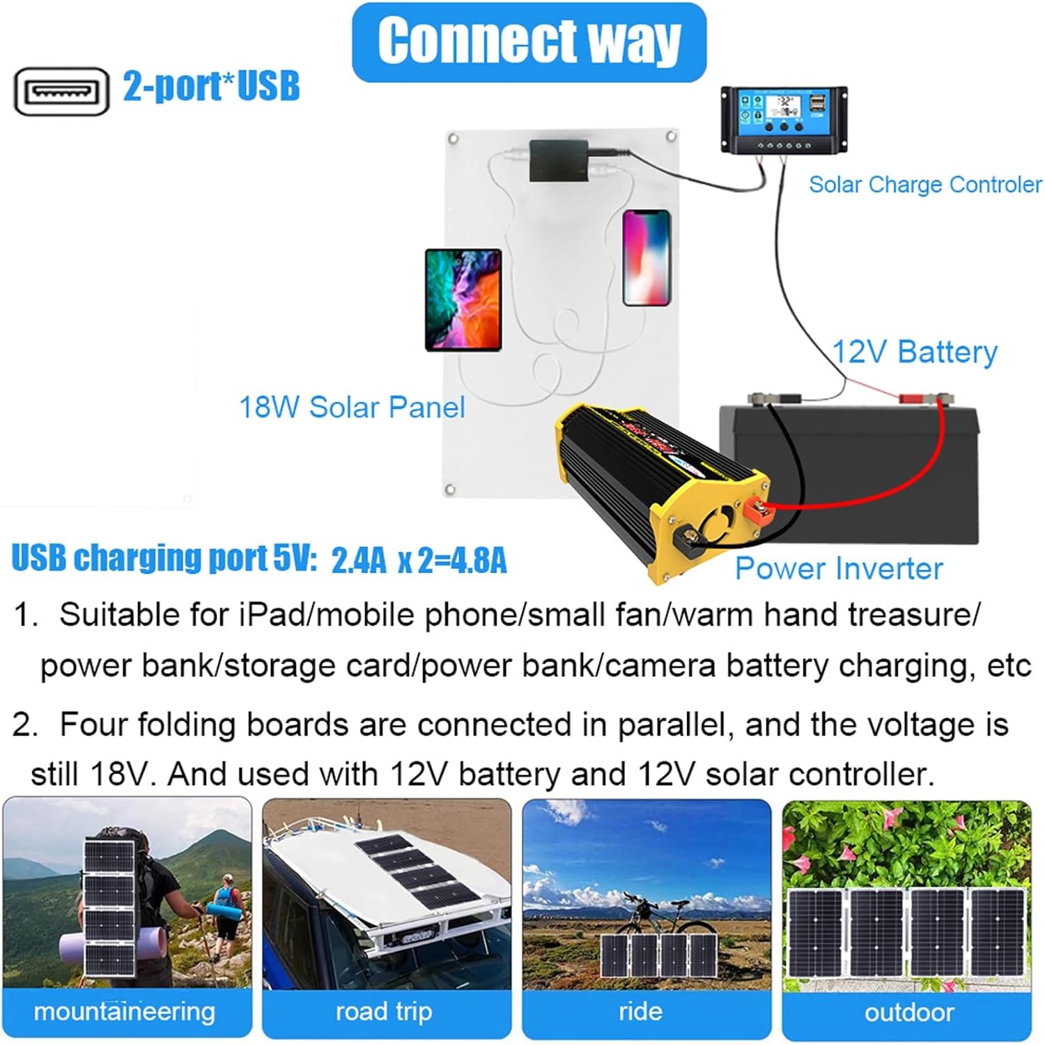 4000W 12V to 110V/220V Solar System Combination Inverter Solar Panel Kit Solar Generator Home Grid System 30A Controller + 18w12v Solar Panel