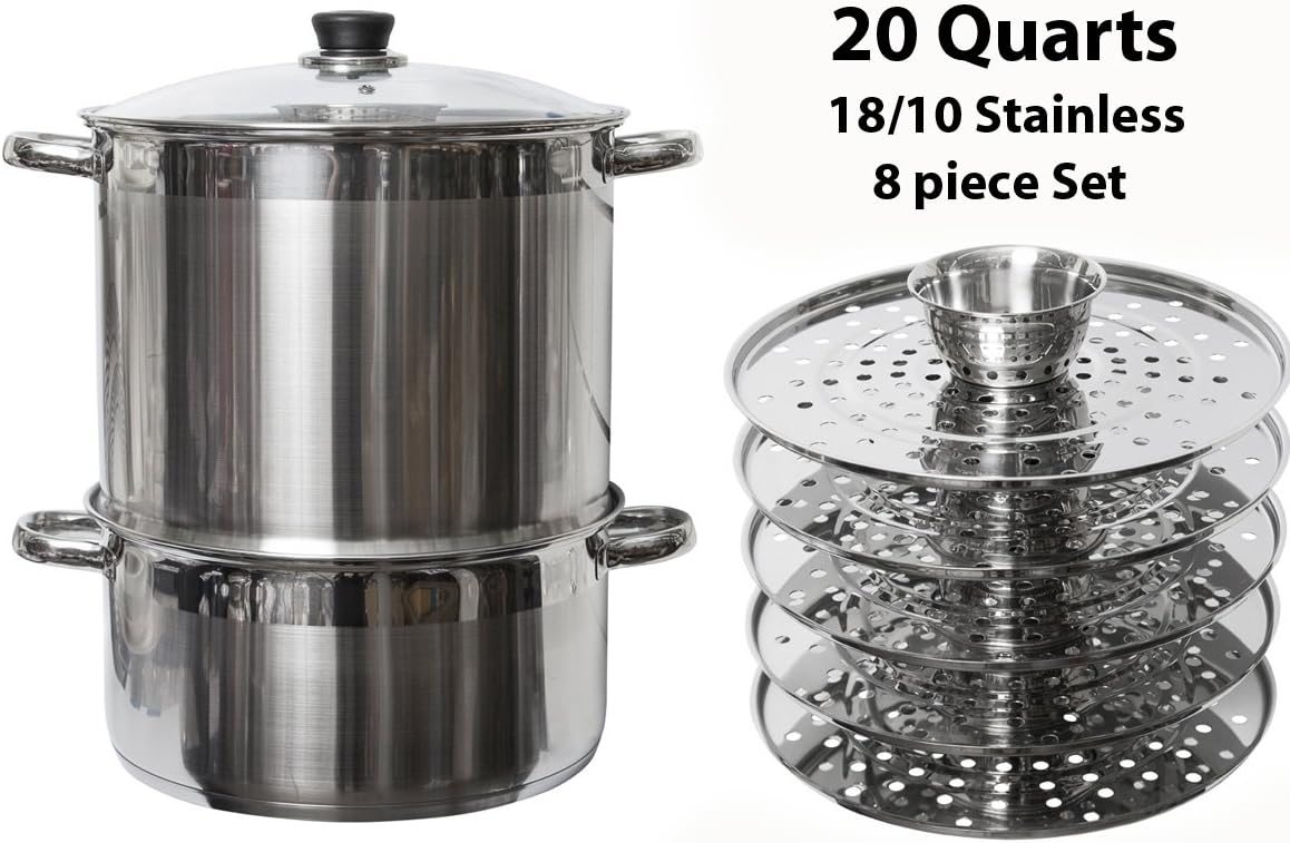 5 Tier/Level 20 qt Uzbek 18/10 Stainless Steel Steamer Cooker Warmer w/Tempered Glass Cover for Dumplings, Ravioli, Vegetables, Fish, Manti, Mantovarka