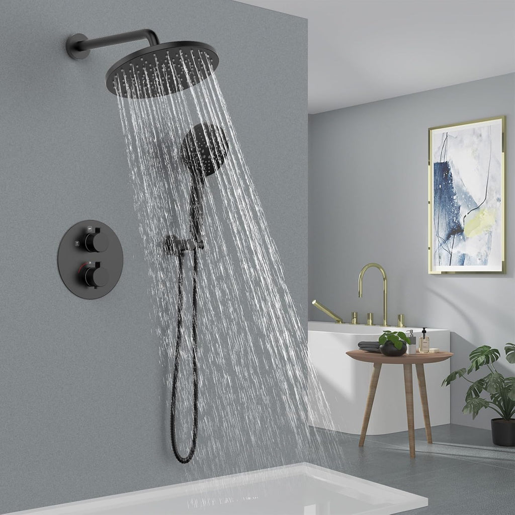 Iriber Thermostatic Shower System Wall Mount with 10 Inch Roud Rainfall Shower Head and Handheld,Shower Faucet Mixer Trim Kit (Valve Included),Matte Black