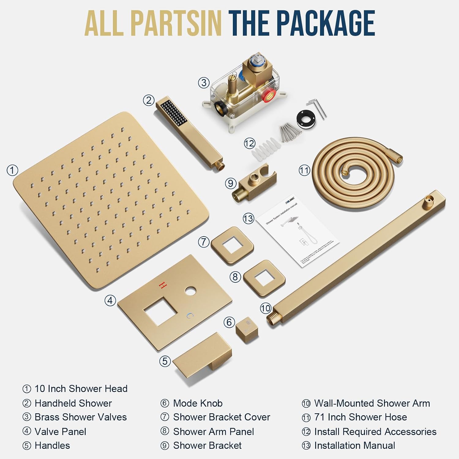FPXRNG Gold Shower Faucet Set, Rainfall Shower System with Rain Shower Head and Handle Set, Wall Mounted Shower Fixtures, Full Metal Trim Repair Kit 12 inch Paint Gold (With Shower Valve)