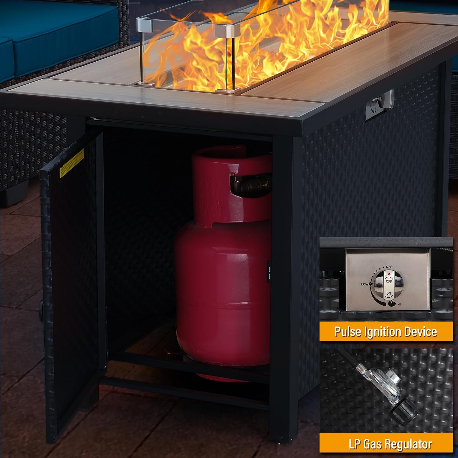 Rattaner 45 Inch Fire Table for Outside 60000 BTU Steel Gas Pit Outdoor with Woodgrain Marble Tabletop Glass Wind Guard Cover and Blue Crystal Beads