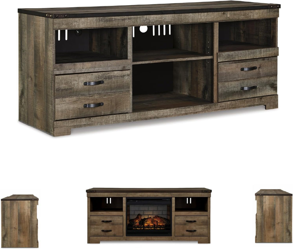 Signature Design by Ashley Trinell 63' TV Stand with Electric Fireplace Insert, Rustic Wood Look Media Console with Infrared Heat, Storage Drawers and Remote Control for Living Room Warmth