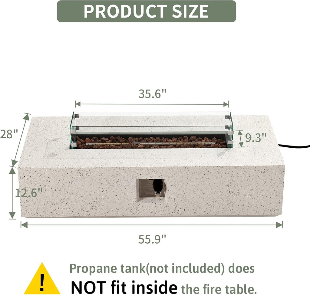 COSIEST Outdoor Propane Fire Pit Table 56' x 28' Rectangle Beige Compact Concrete-Like Finish, Certified, 50,000 BTU,Wind Guard, Tank Outside, Free Lava Rocks, Fits 20lb Tank Outside, Raincover