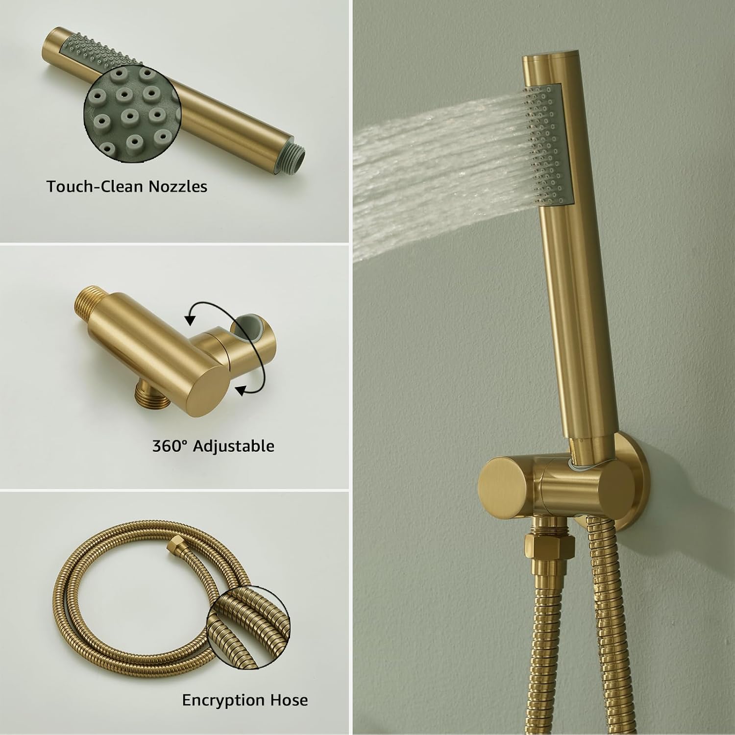 Iriber Brushed Gold Shower System Wall Mounted Shower Faucet Mixer Set with 12 Inches Rain Shower head and Handheld, Bathroom Modern Rainfall Shower Trim Kit (Contain Valve Cartridge)