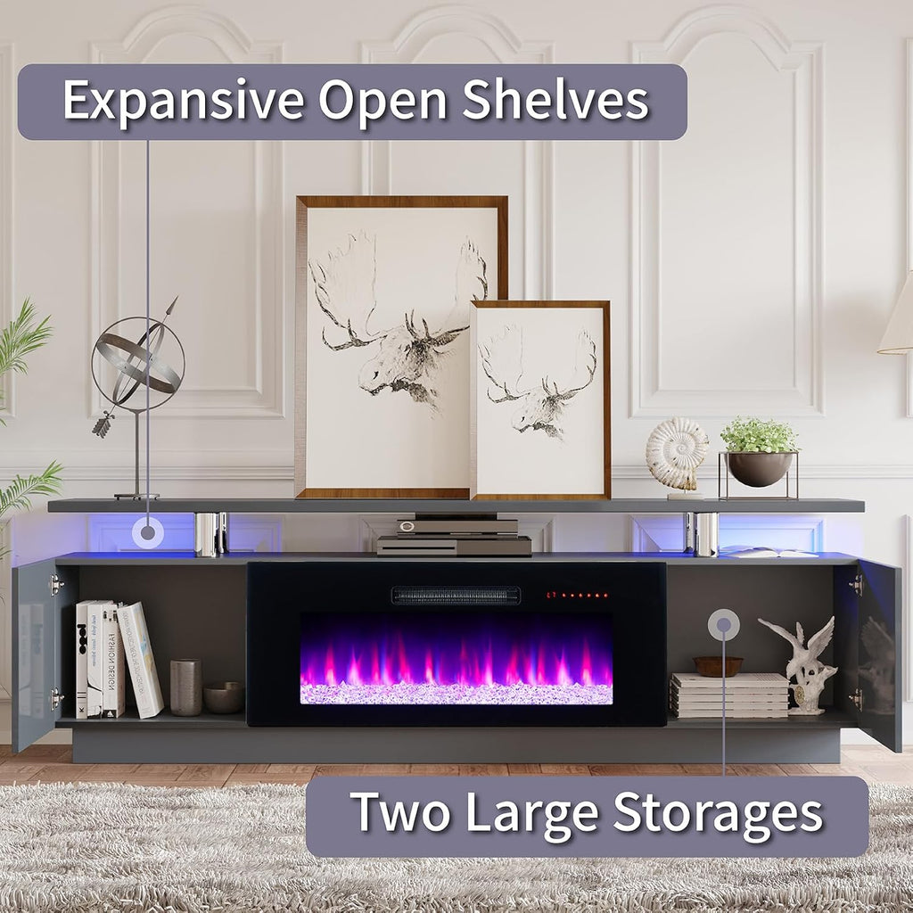 AMERLIFE Fireplace TV Stand with 36' Fireplace, 70' Modern Fireplace Entertainment Center LED Lights, 2 Tier TV Console Cabinet for TVs Up to 80', Grey