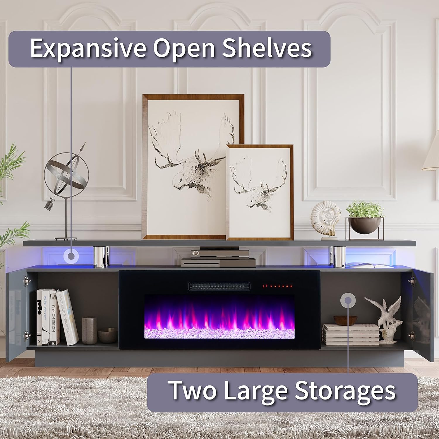 AMERLIFE Fireplace TV Stand with 36' Fireplace, 70' Modern Fireplace Entertainment Center LED Lights, 2 Tier TV Console Cabinet for TVs Up to 80', Grey