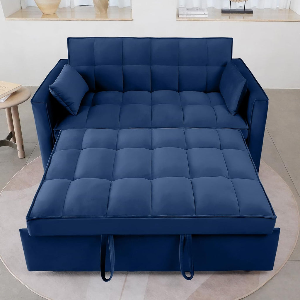 3-in-1 Pull Out Couch, 55.3'' Convertible Futon Sofa Bed, Velvet Sleeper Loveseat with Pillows, Pockets, Small Sofa Cama for Living Room, Apartment, Blue