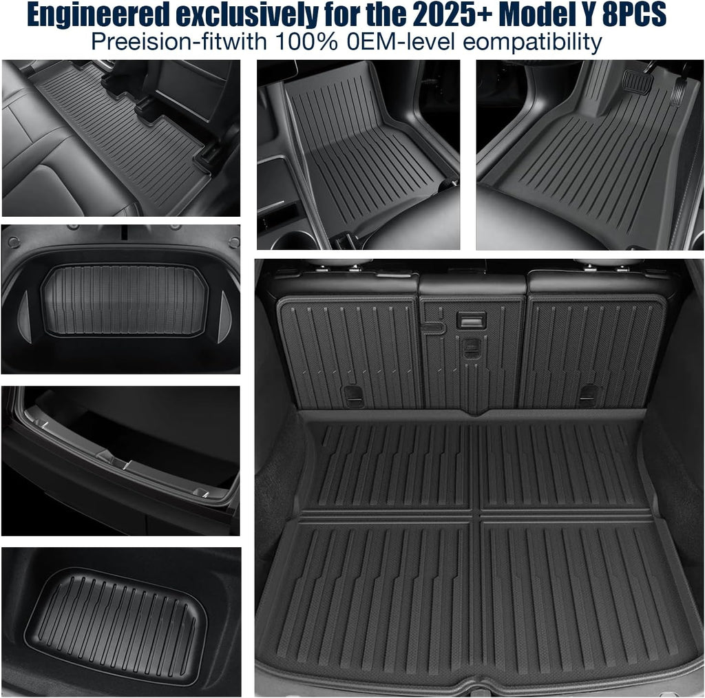 All-Weather Floor Mats Compatible with Tesla Model Y Juniper 2025 2026 (Not for Standard),TPE Set with Trunk Sill Protector & Rear Seat Back Cover, Custom Fit for 5-Seater(8PCS)