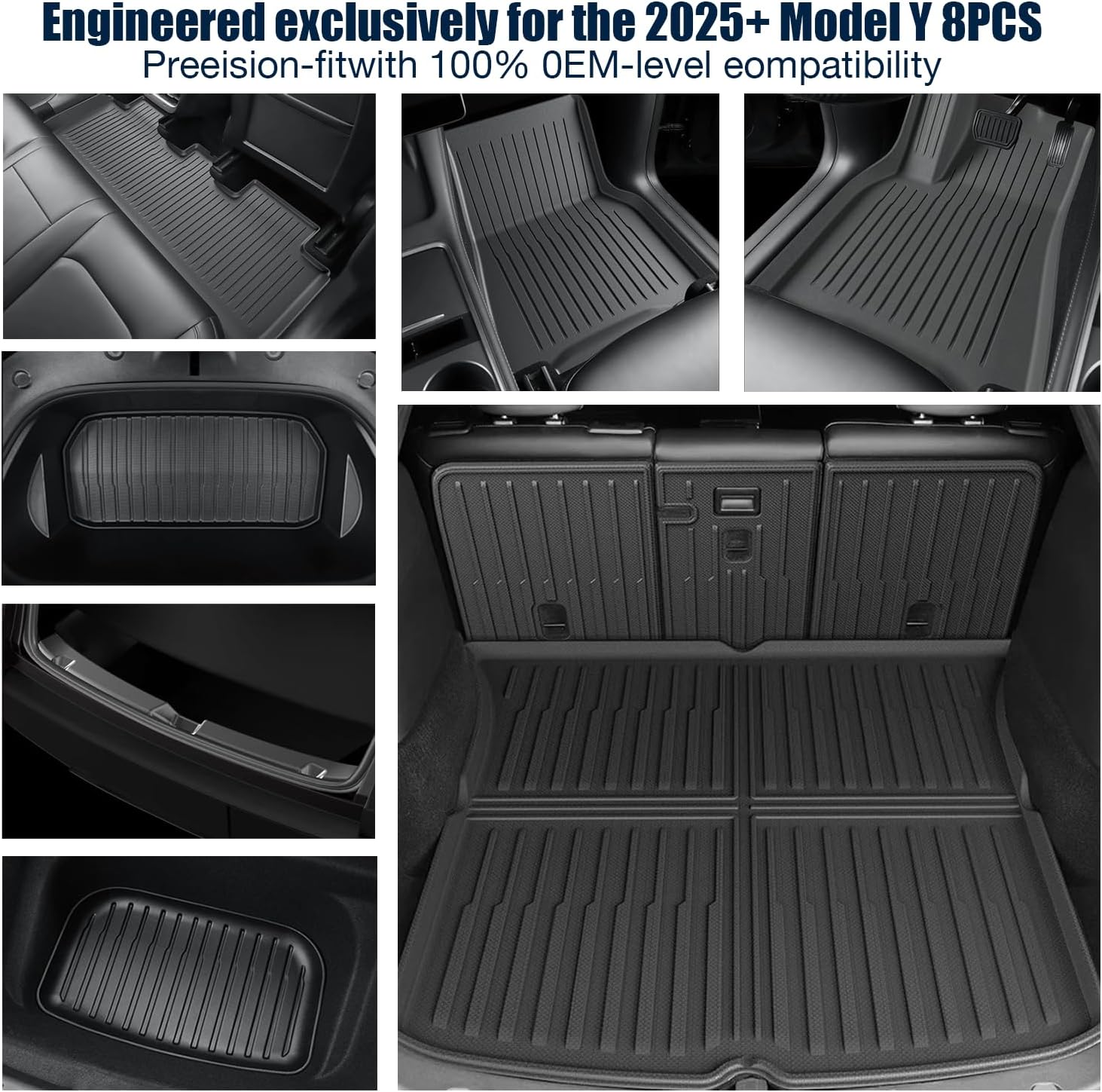 All-Weather Floor Mats Compatible with Tesla Model Y Juniper 2025 2026 (Not for Standard),TPE Set with Trunk Sill Protector & Rear Seat Back Cover, Custom Fit for 5-Seater(8PCS)