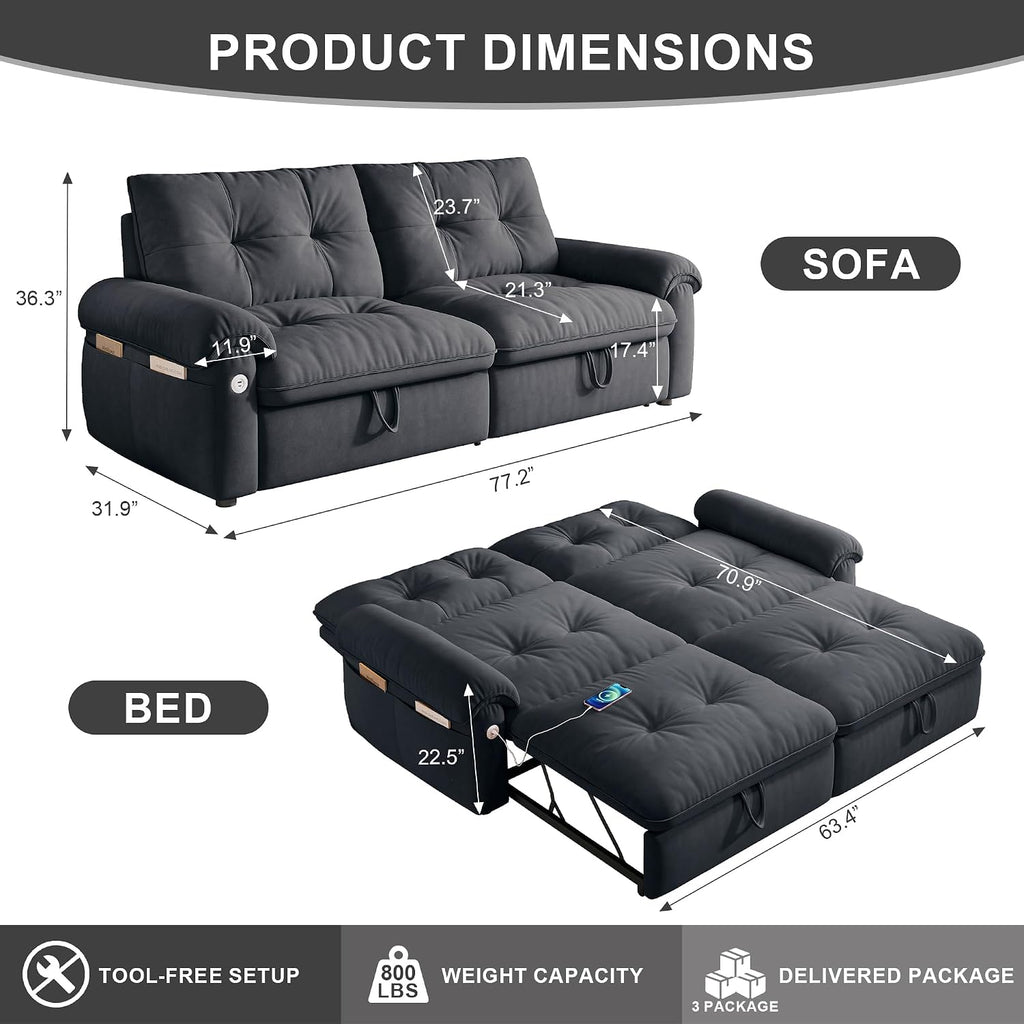 MAKIAAP Sleeper Sofa Bed, Queen Size Sofa Bed, Convertible Pull Out Couch with Adjustable Backrest, USB Port and Side Pockets, Modern 2 Seater Small Couches for Living Room, Space-Saving