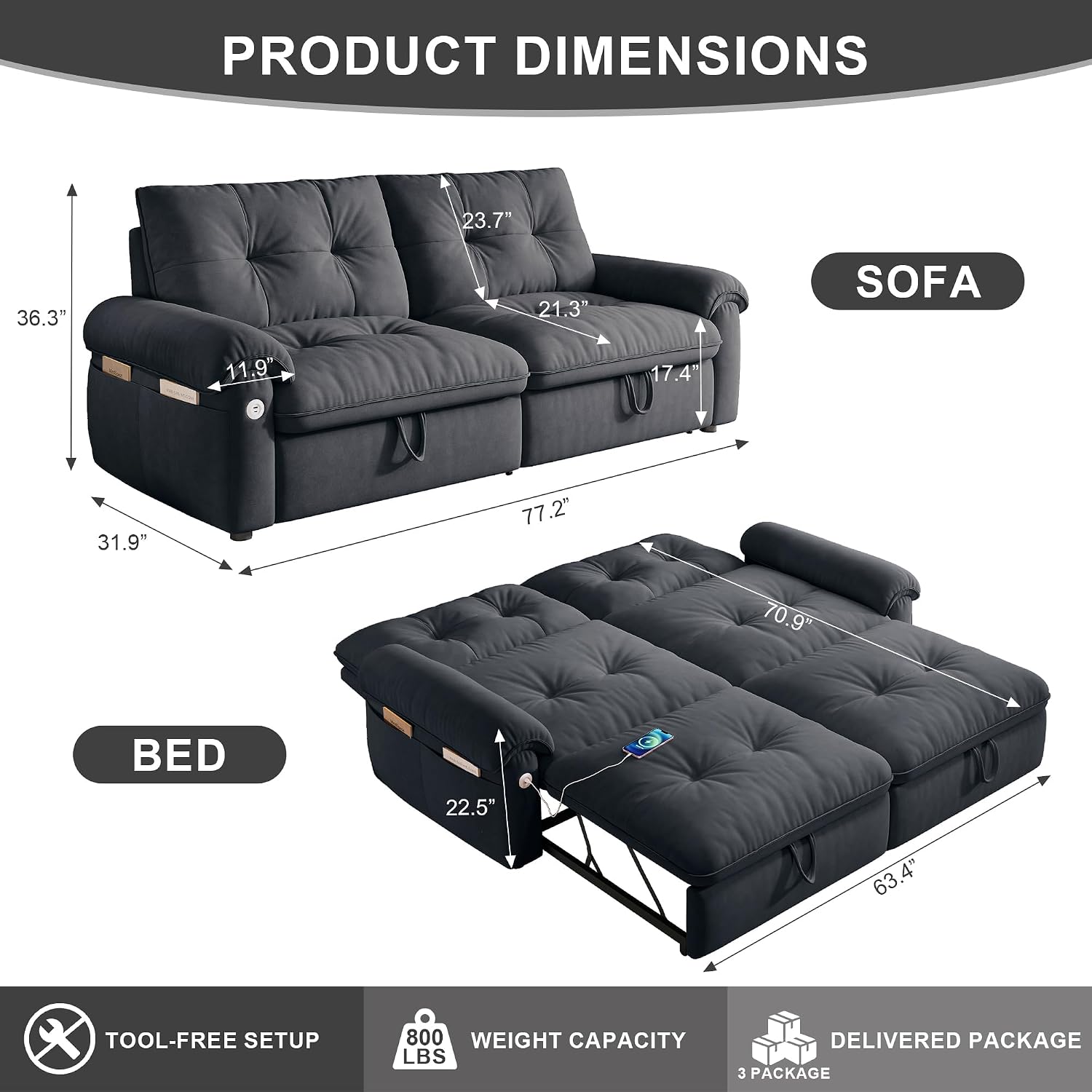 MAKIAAP Sleeper Sofa Bed, Queen Size Sofa Bed, Convertible Pull Out Couch with Adjustable Backrest, USB Port and Side Pockets, Modern 2 Seater Small Couches for Living Room, Space-Saving