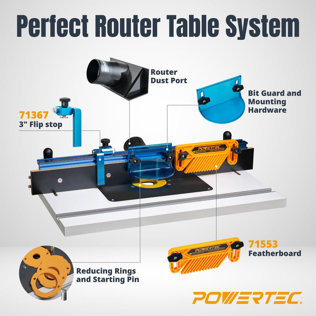 POWERTEC Benchtop Router Table with Steel Stand and Adjustable Fence – 24' x 16' MDF Laminated Top, Insert Plate, 2-1/2' Dust Port, Fence Stop, Featherboard & Additional Accessories (71402V)