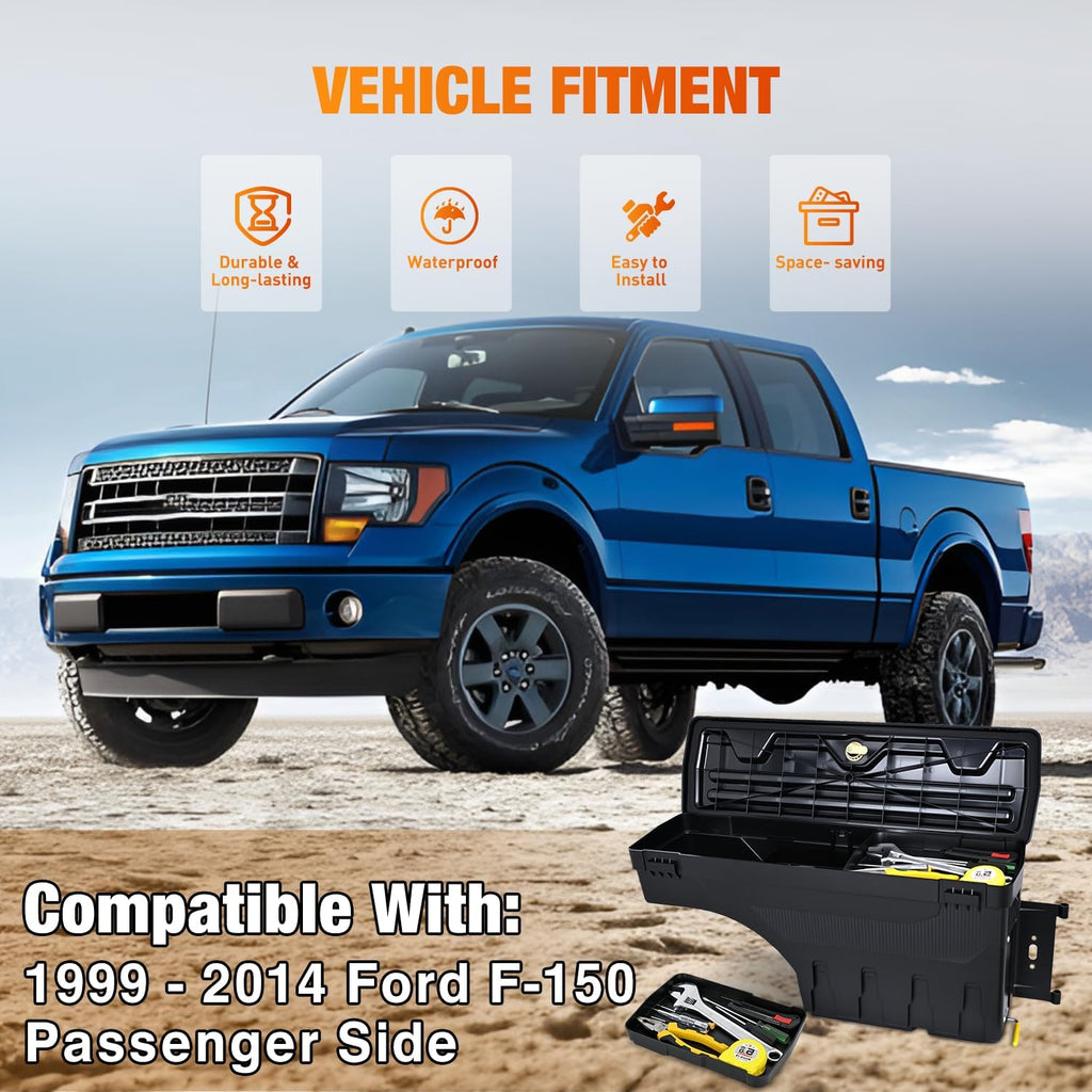 Nilight Truck Bed Tool Box Right Passenger Side Truck Tool Box Fit for Ford F-150 1999-2014 ABS Swing Case Truck Bed Storage Box with Lockable Lid Waterproof Wheel Well Toolbox Black