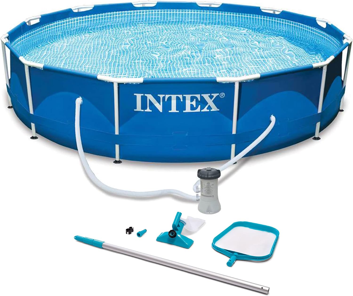 Intex Metal Frame 10' x 30' Above Ground Outdoor Swimming Pool with 330 GPH Filter Pump and Maintenance Kit with Vacuum Skimmer and Adjustable Pole