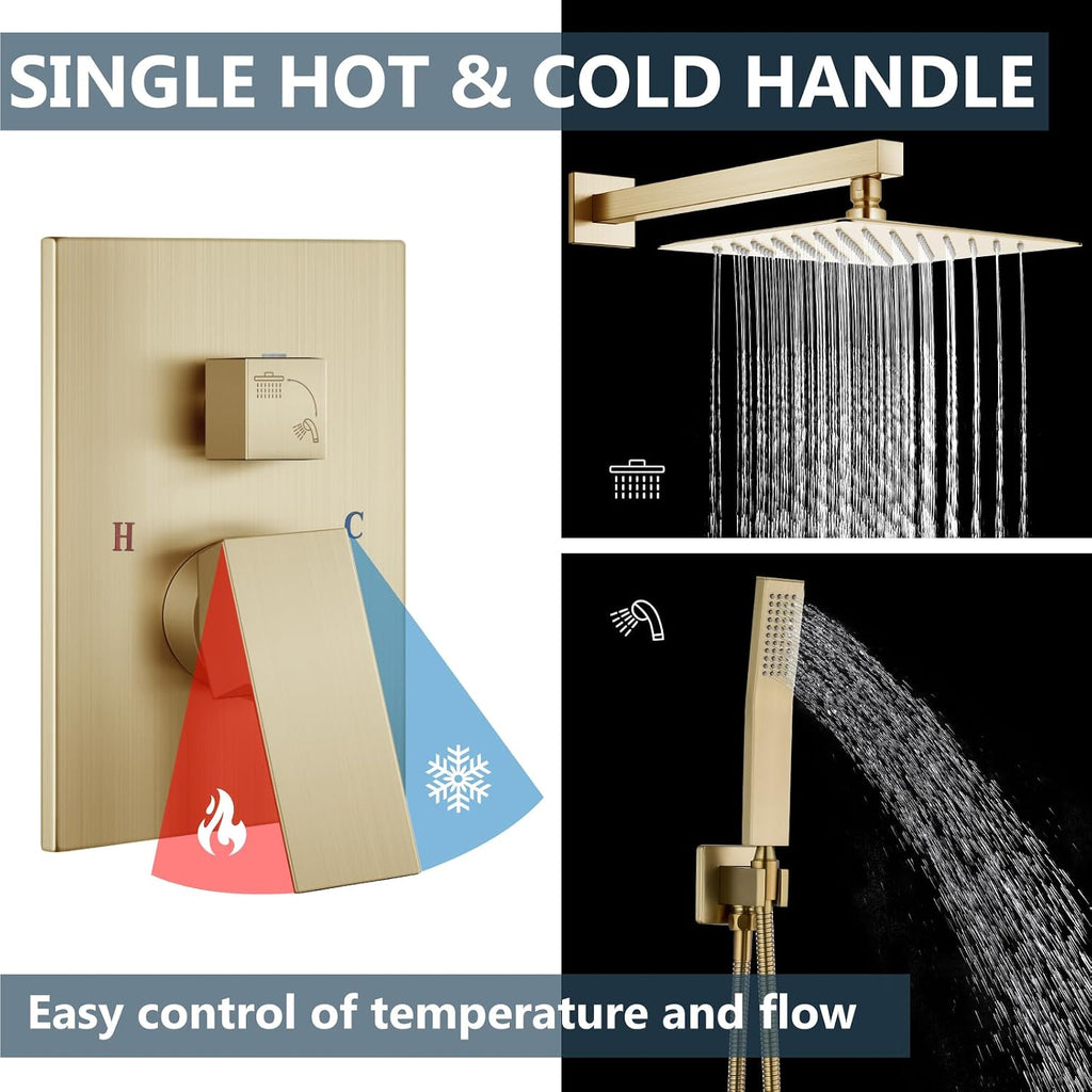 Aolemi Shower Faucet Set Rain Shower System with Handheld Spray Bathroom Shower Combo Rough-in Valve and Shower Trim Kit Included Brushed Gold 12 Inch Wall Mount Shower Head