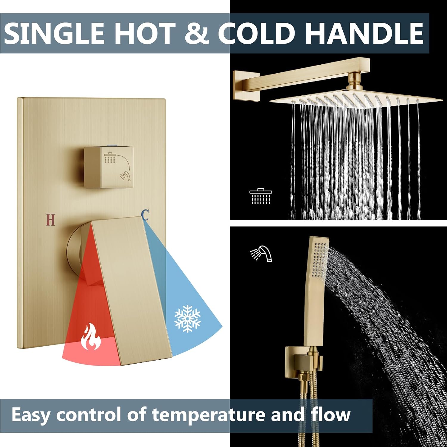 Aolemi Shower Faucet Set Rain Shower System with Handheld Spray Bathroom Shower Combo Rough-in Valve and Shower Trim Kit Included Brushed Gold 12 Inch Wall Mount Shower Head