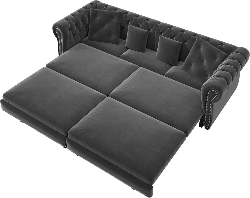 89' King Size Sleeper Sofa Bed, 3-in-1 Convertible Pull Out Chesterfield Sleeper Couch with Ottoman, Oversized Velvet Button Tufted L Shaped Sofa for Living Room Small Spaces, Grey
