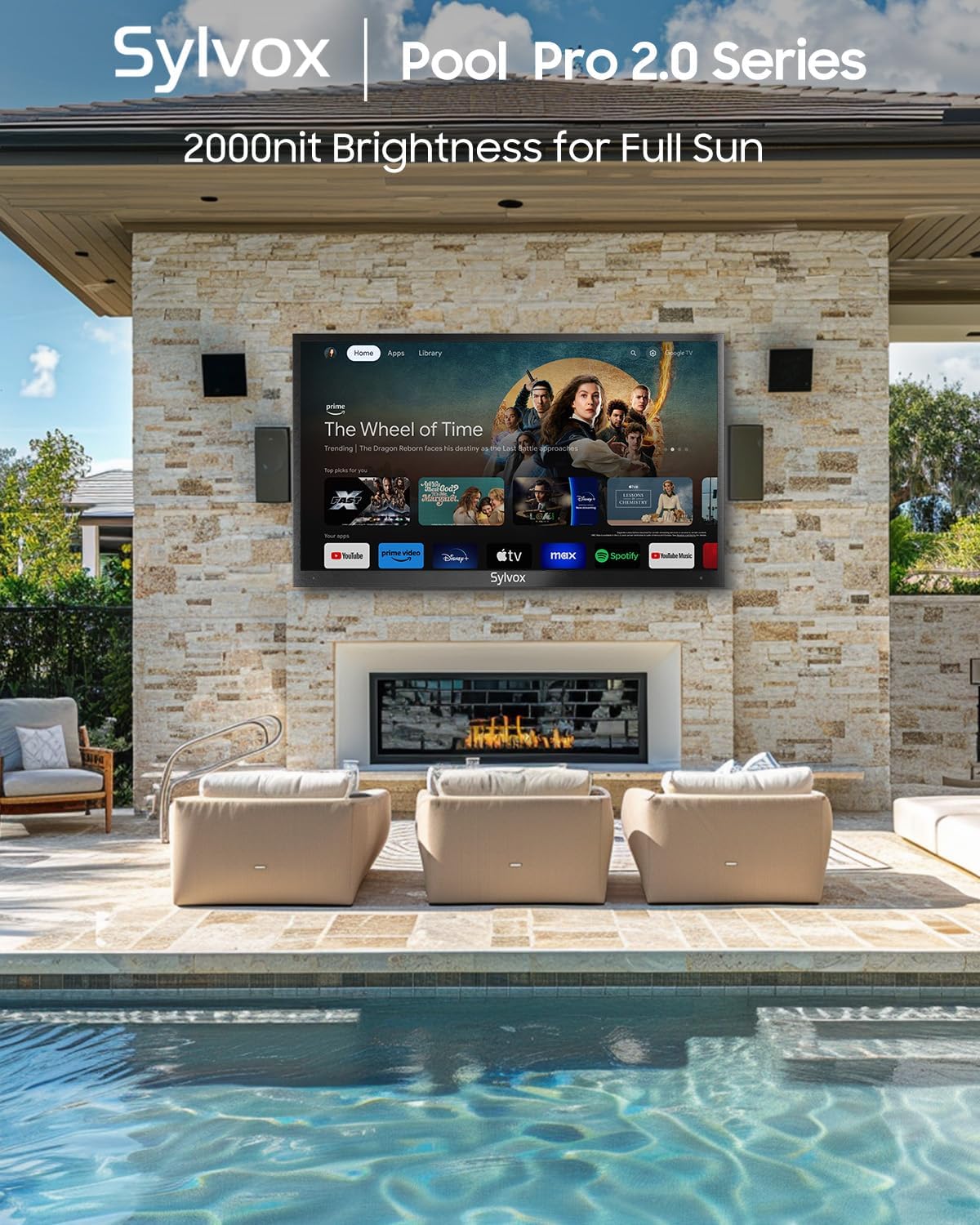 SYLVOX Outdoor TV with Soundbar, 2000nits Full Sun TV, 4K, Dolby Atmos, HDR 10, Weatherproof Television with Voice Assistant Remote(Pool Pro 2.0, Latest Model)