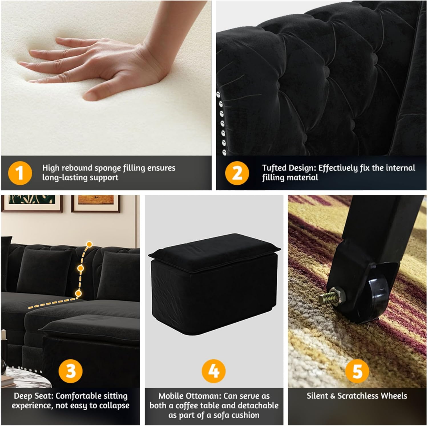Ball & Cast 3-in-1 Convertible Sofa Bed with Movable Ottoman, 89' Pull Out Couch Bed King Size, Velvet 3 Seater Sleeper Sofa with Nailhead Trim & Rolled Arm,Sofa Couches for Living Room,Black