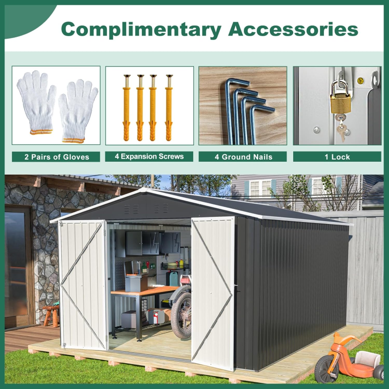 Outdoor Storage Shed 10x12 FT, Metal Tool Shed with Lockable Doors & Reinforced Frame, Large Waterproof Garden Shed for Backyard, Lawn Mower, Patio Furniture - Includes Padlock & Gloves, Black