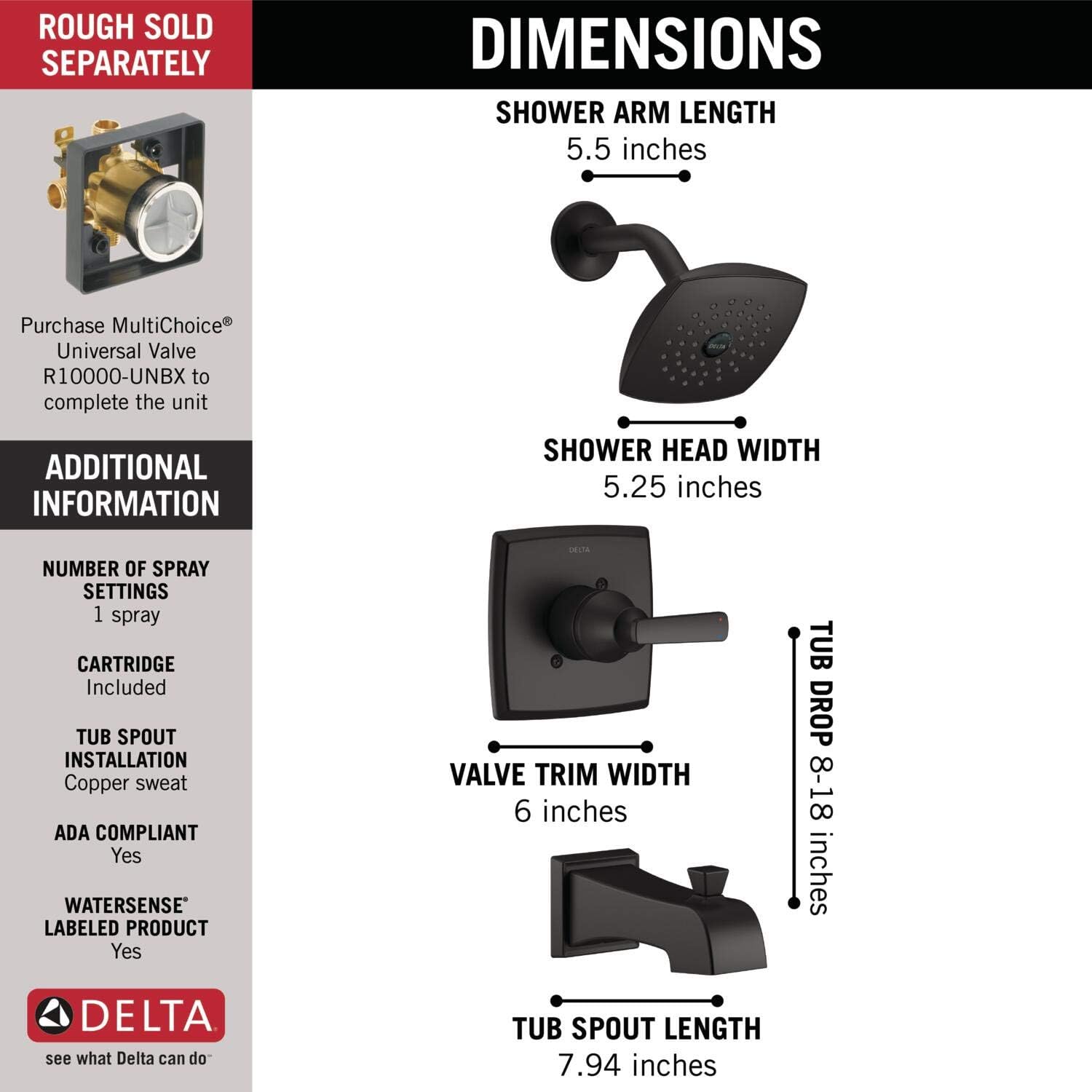 Delta Ashlyn 14 Series Bathtub and Shower Faucet Set, Matte Black Shower Head and Handle Set, Valve Trim Kit, Matte Black T14464-BL (Valve Not Included)