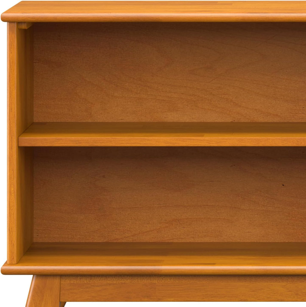 SIMPLIHOME Draper Bookcase - 30 inch Tall Solid Wood Low Bookshelf in Teak Brown, Mid-Century Modern Storage for Living Room, Study Room or Office with Tapered Legs and Wide Open Shelves