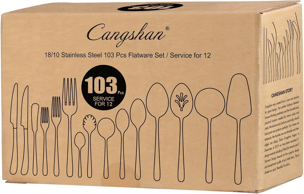 Cangshan 1027037 Rain II Series 103-Piece Stainless Steel 18/10 Forged Flatware Set