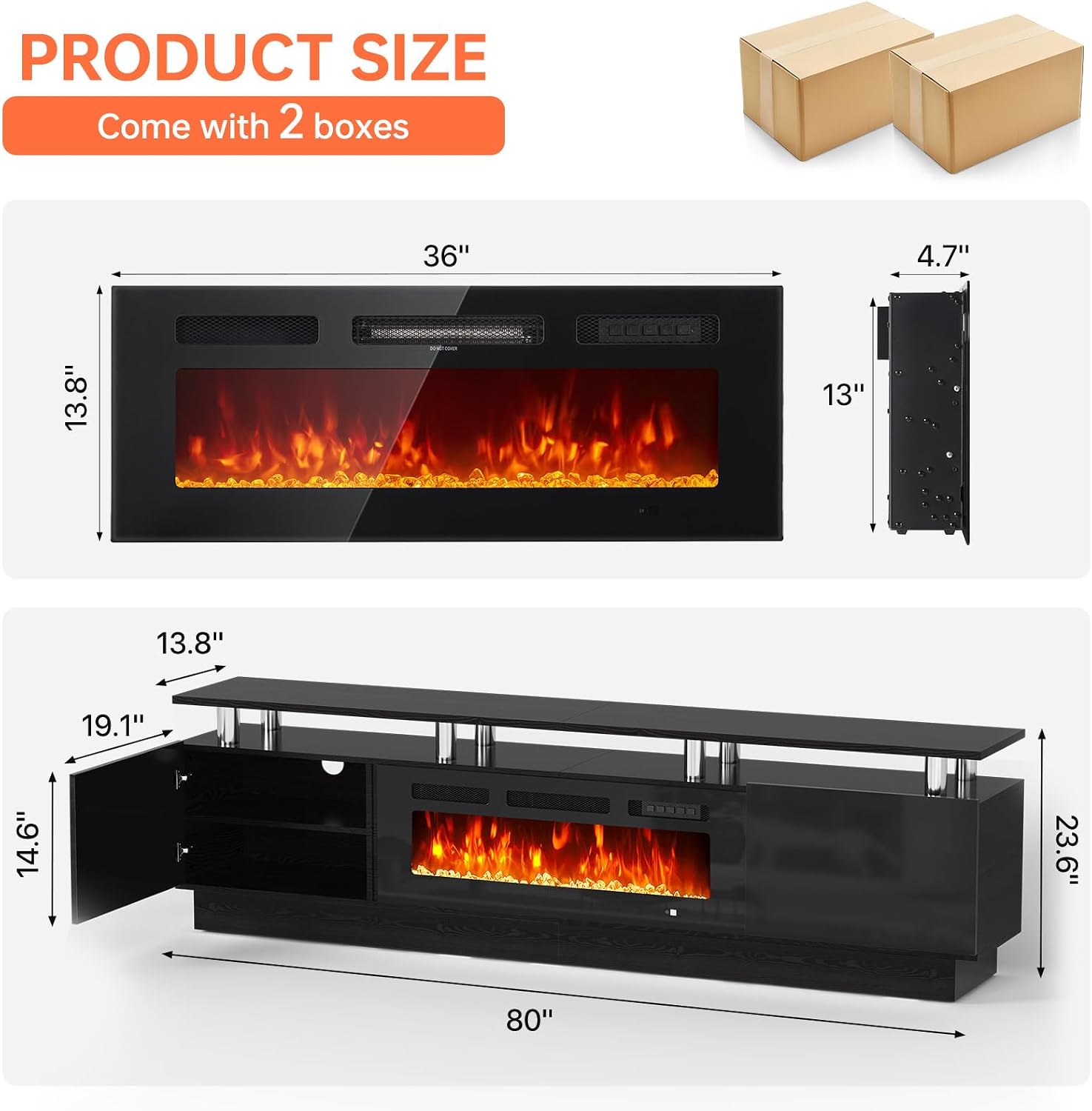 MXV 80' Fireplace TV Stand, Modern Entertainment Center & 36 Inch Electric Fireplace, Remote Control, LED Light, Fire Place Tv Stand for Living Room for TVs up to 90', Black + Black