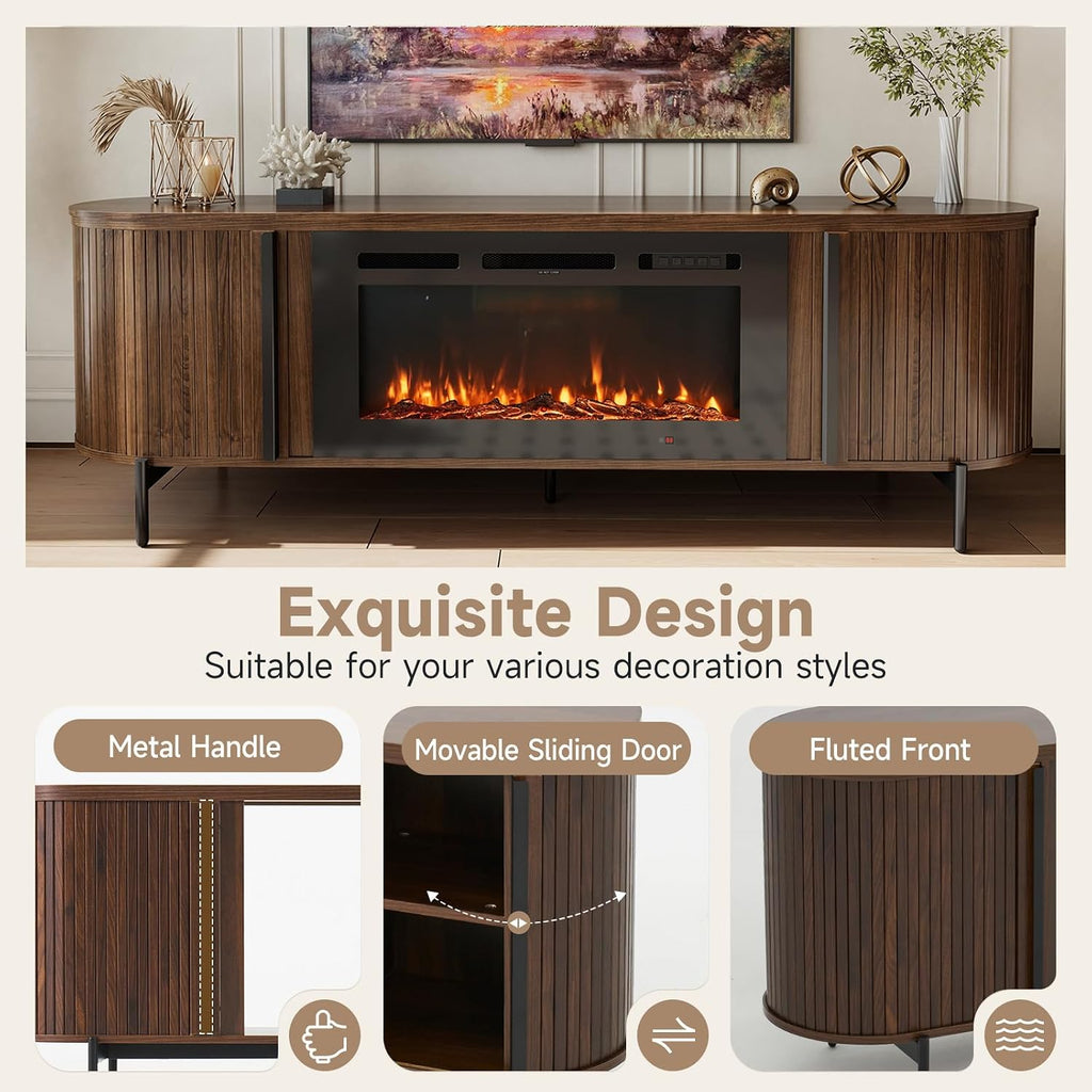 Luxury 70' Fluted TV Stand with Fireplace, Modern Chic Entertainment Center for TVs Up to 80', TV Console for Living Room, Media Cabinet with Storage,70 Inch, Brown