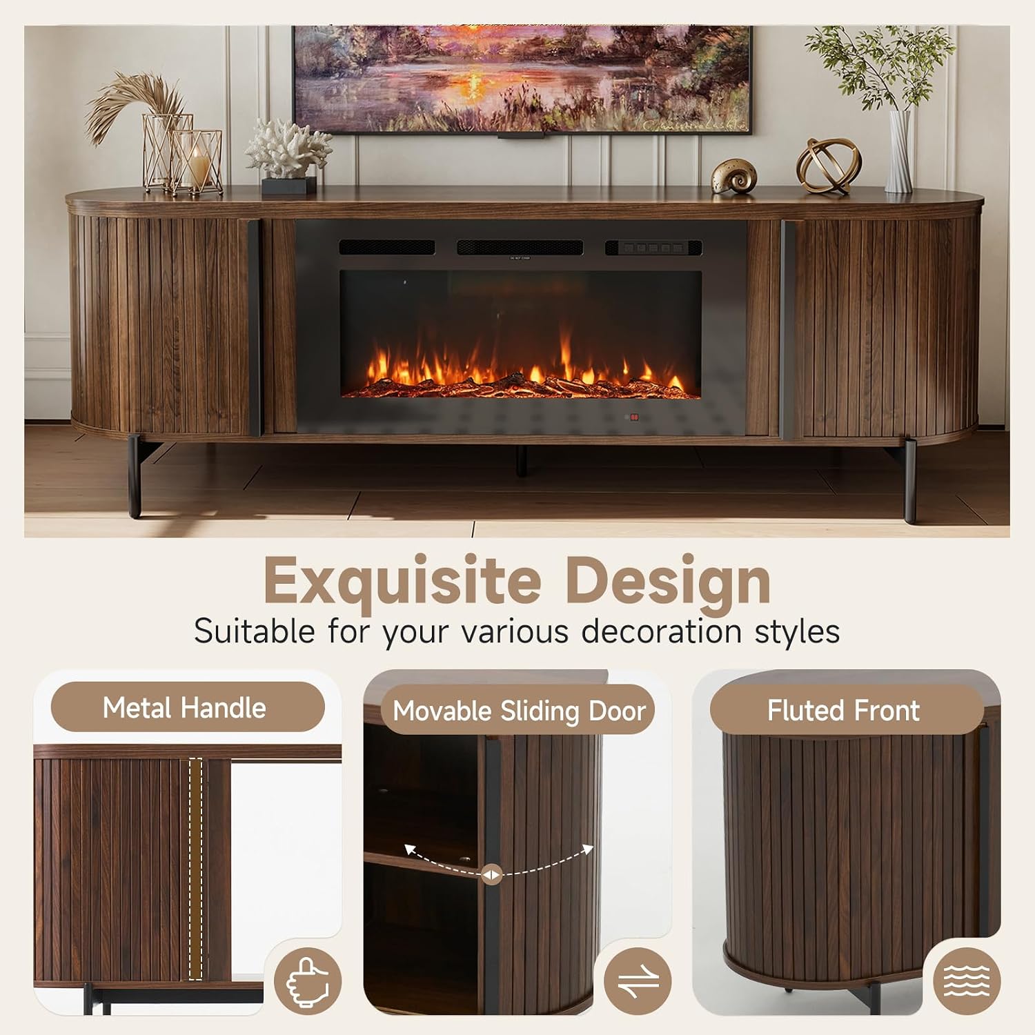 Luxury 70' Fluted TV Stand with Fireplace, Modern Chic Entertainment Center for TVs Up to 80', TV Console for Living Room, Media Cabinet with Storage,70 Inch, Brown