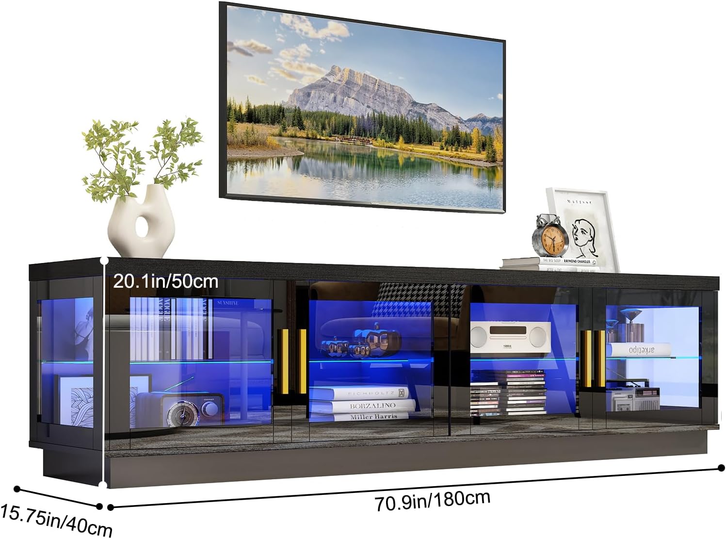 Hlivelood 71IN LED TV Stand for 85/80/75inch TV,High Glossy Modern Black TV Stands for Living Room,Gaming Entertainment Center with Storage Cabinet,RGB LED(Black)