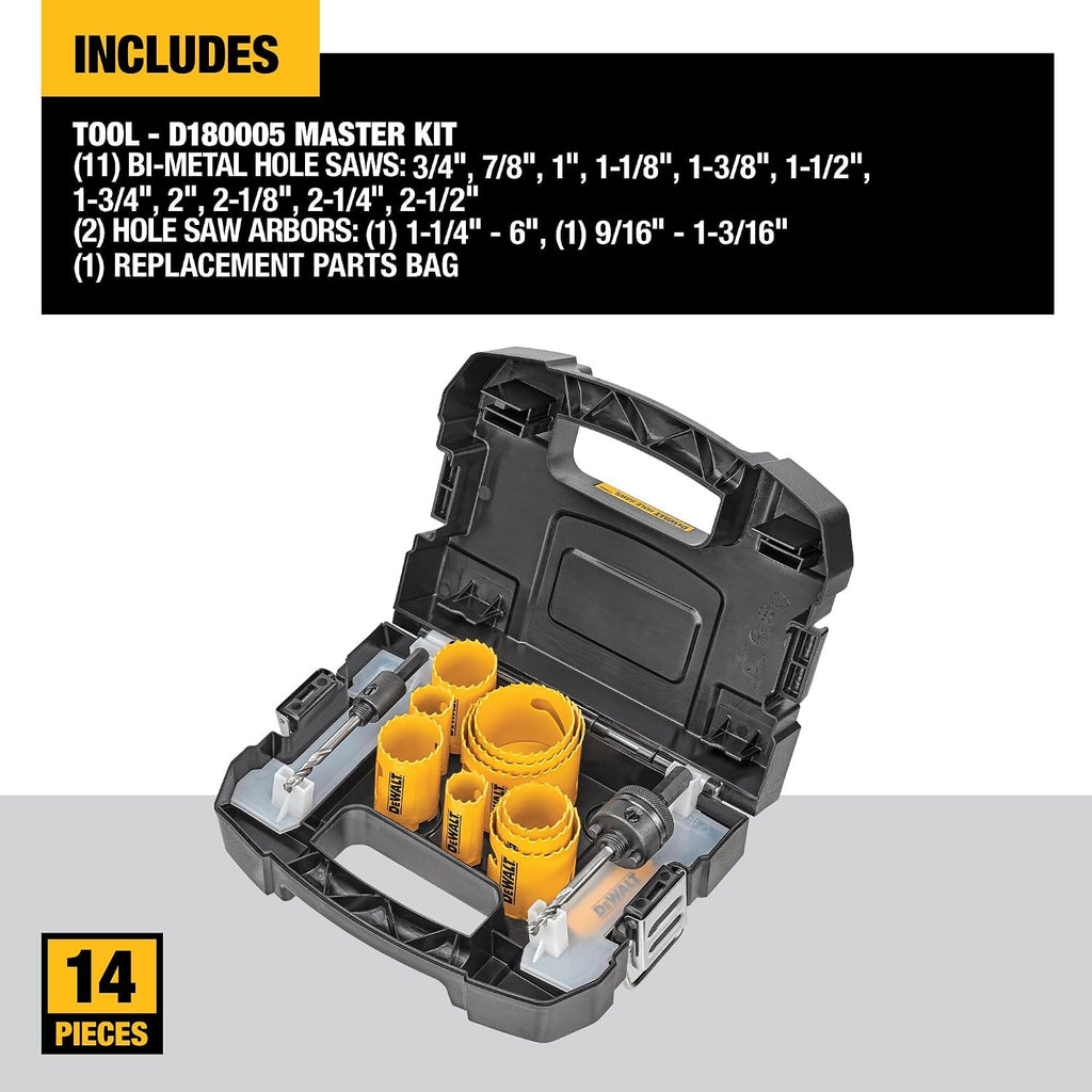 DEWALT Hole Saw Kit, 14-Piece, Includes 2 Quick Change Mandrels and Pilot Point Bits (D180005)
