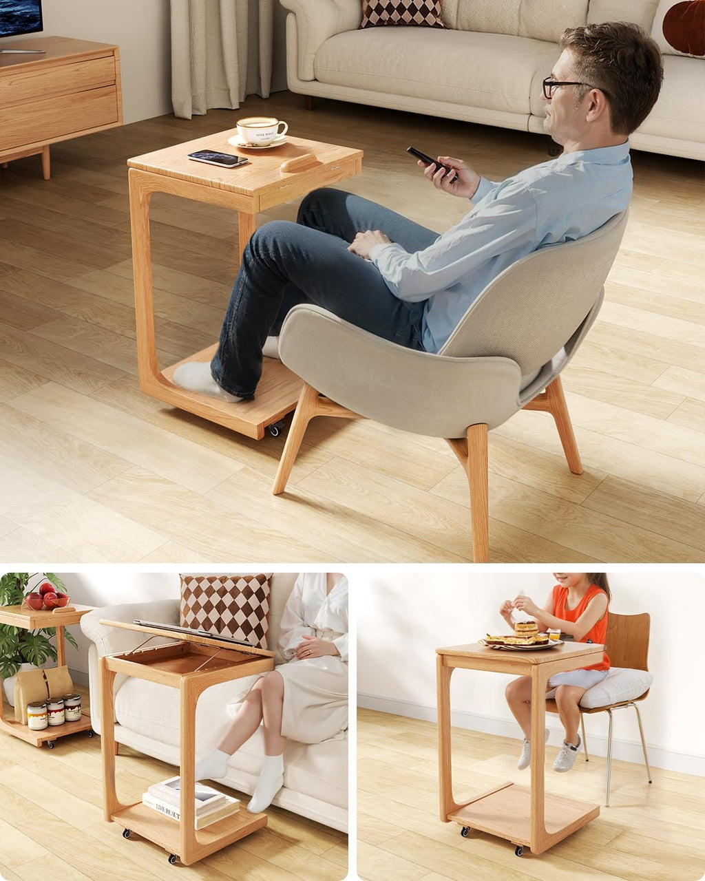 AQIMUELE Wooden C-Shaped End Table,Couch Table with Adjustable Desktop,Small Rolling Side Table with 2 Lockable Wheels,Small End Table for Couch, Living Room,Bedroom (Natural)