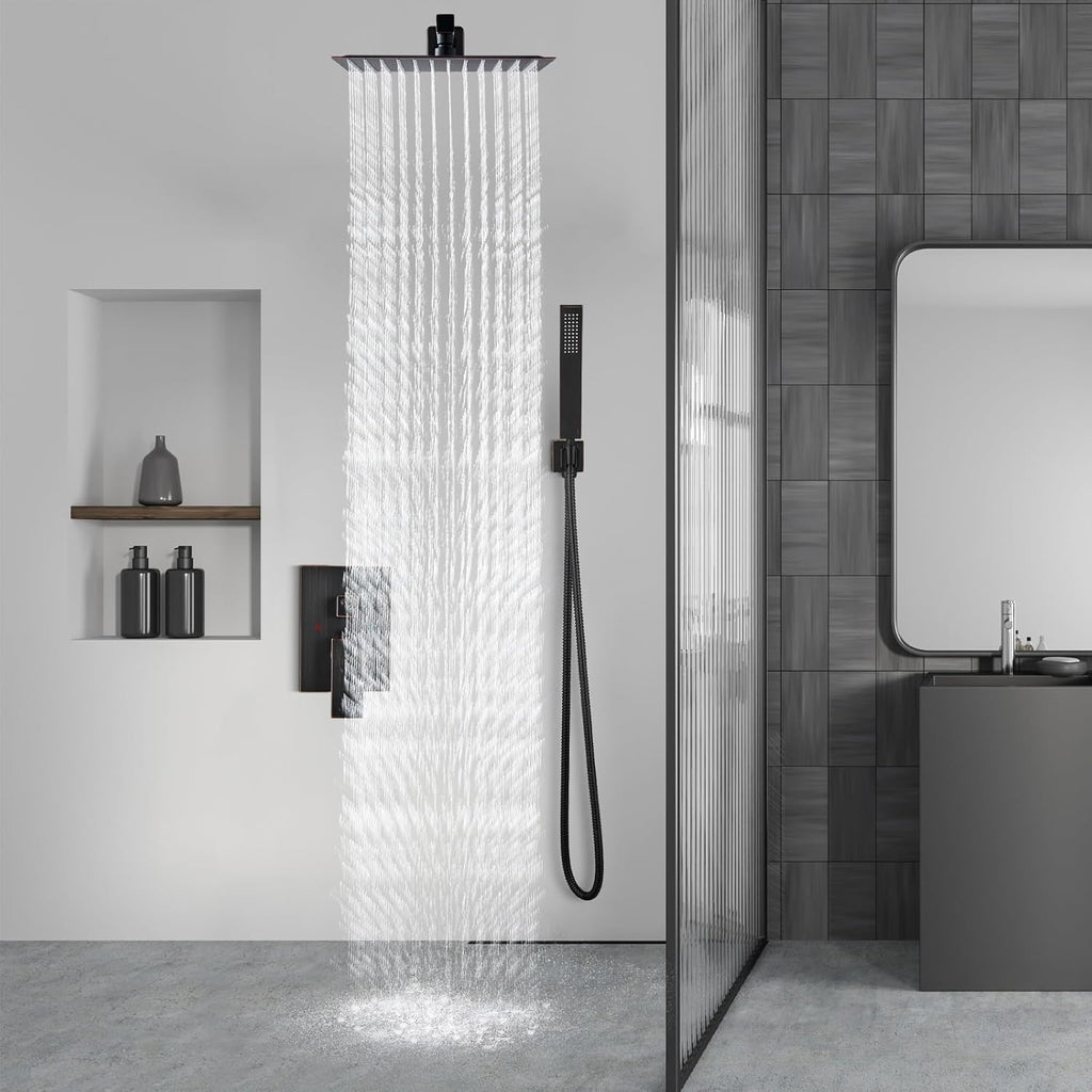 Aolemi Shower Faucet Set Rain Shower System with Handheld Spray Bathroom Shower Combo Rough-in Valve and Shower Trim Kit Included Oil Rubbed Bronze 12 Inch Wall Mount Shower Head
