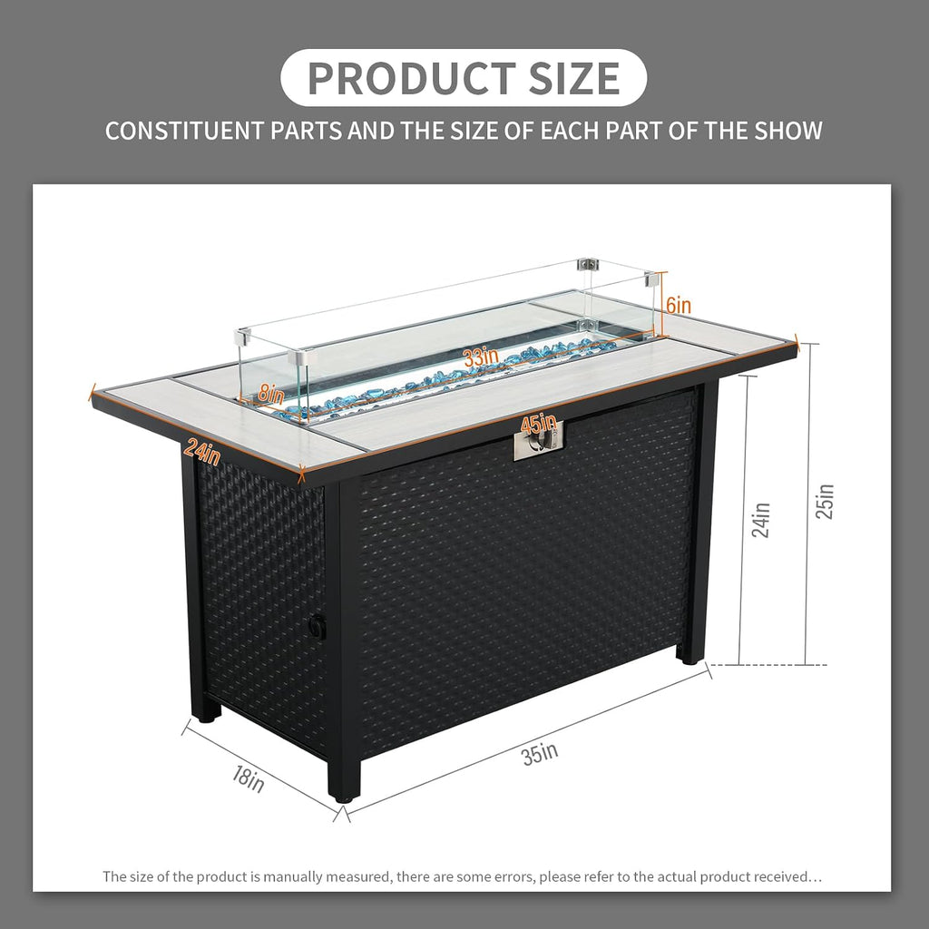 Rattaner 45 Inch Fire Table for Outside 60000 BTU Steel Gas Pit Outdoor with Woodgrain Marble Tabletop Glass Wind Guard Cover and Blue Crystal Beads