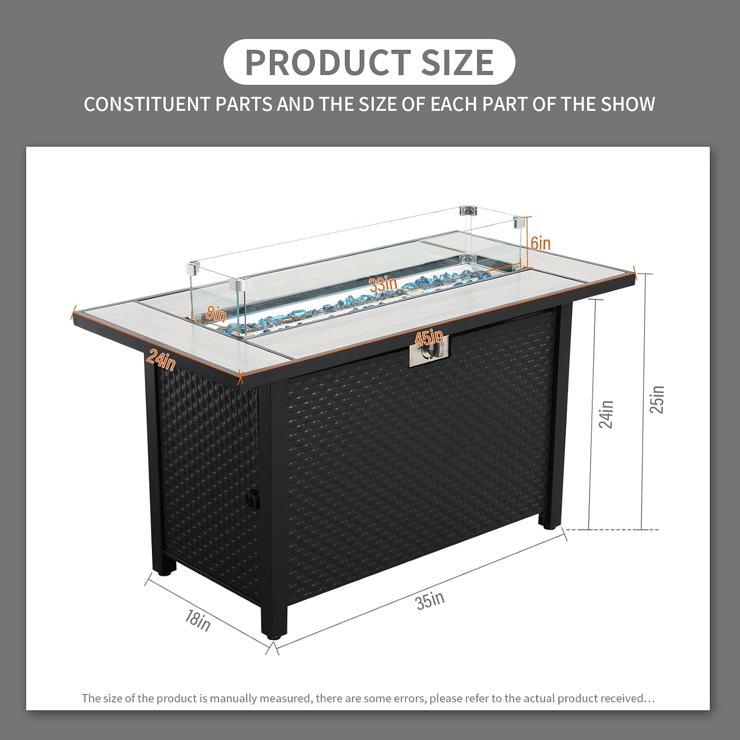 Rattaner 45 Inch Fire Table for Outside 60000 BTU Steel Gas Pit Outdoor with Woodgrain Marble Tabletop Glass Wind Guard Cover and Blue Crystal Beads