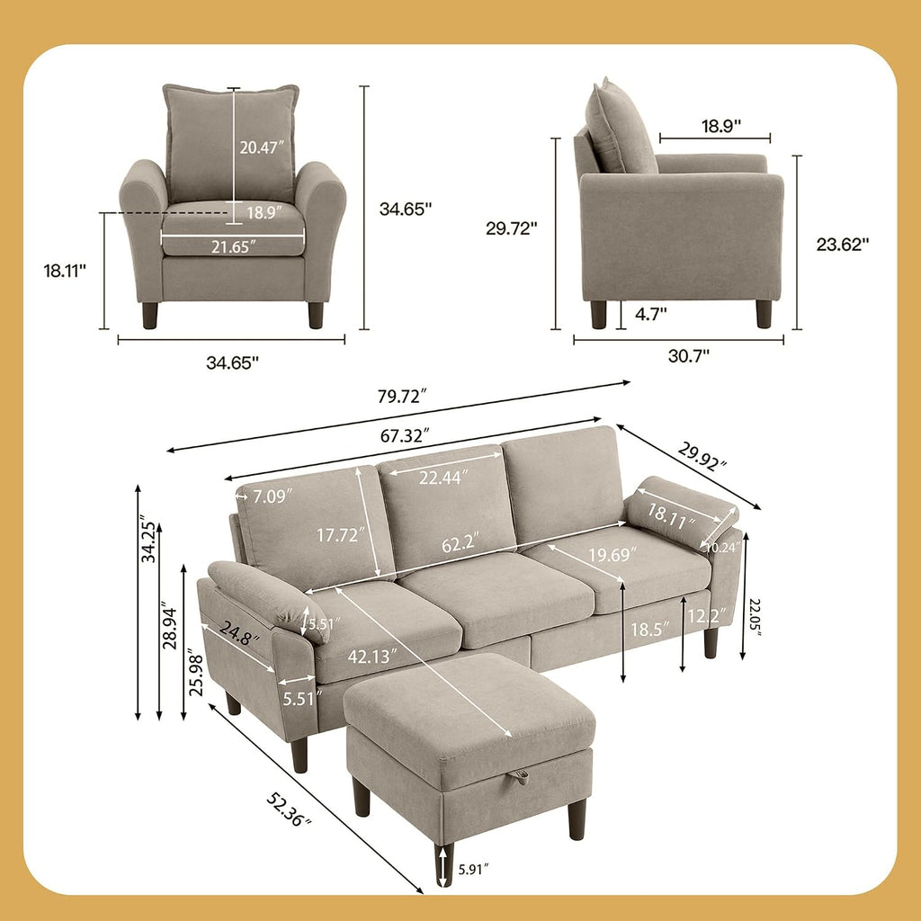 Convertible Sectional Sofa Set, 79' Modern L Shaped Couch, Linen Upholstered 3 Seat Sofa and 35' Accent Chair, Couches for Living Room, Apartment, Beige