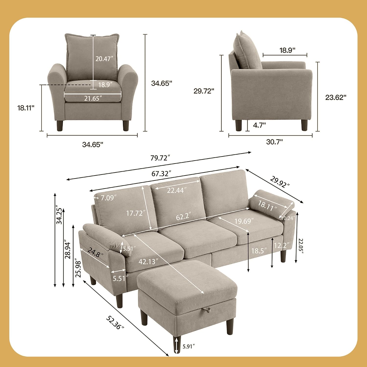 Convertible Sectional Sofa Set, 79' Modern L Shaped Couch, Linen Upholstered 3 Seat Sofa and 35' Accent Chair, Couches for Living Room, Apartment, Beige