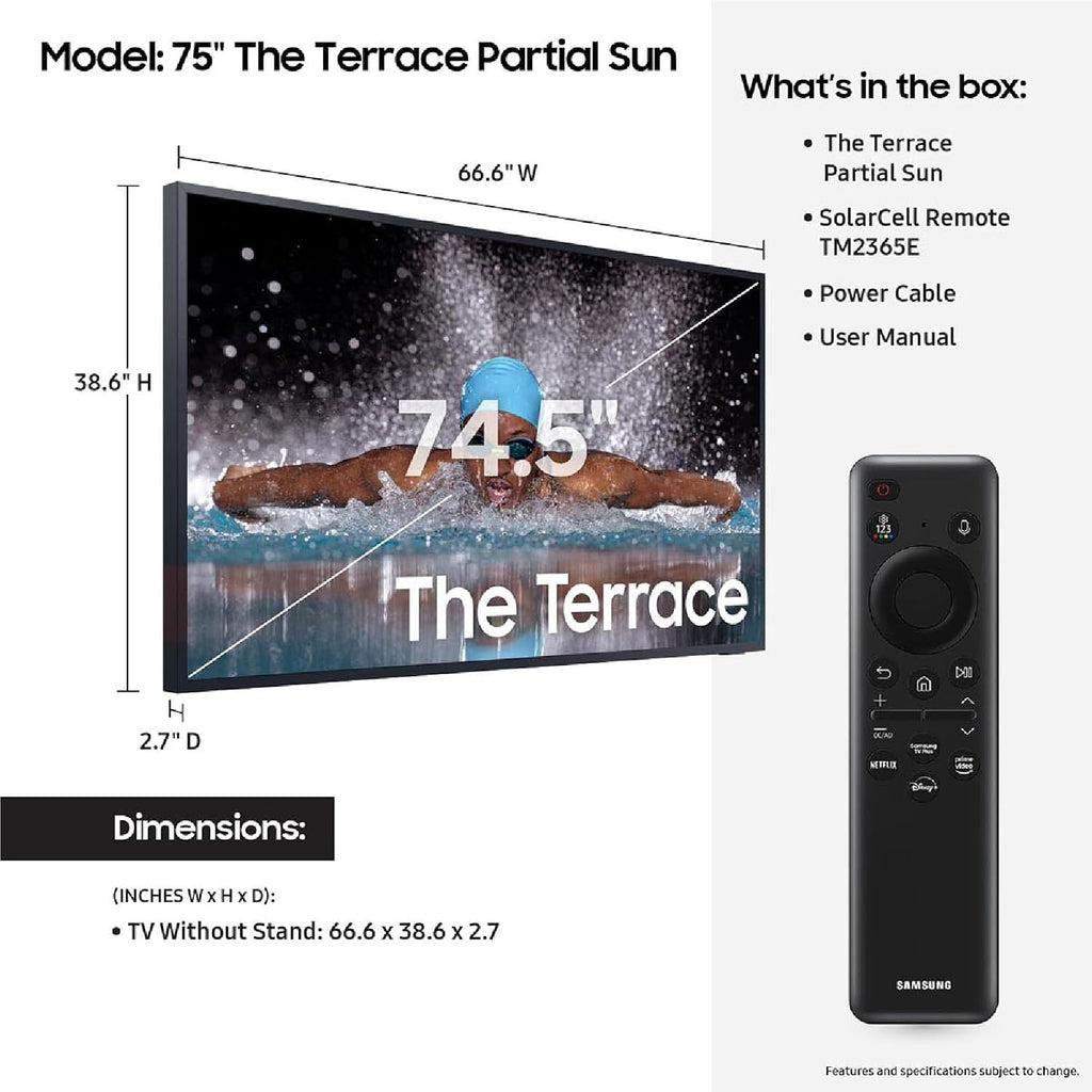SAMSUNG 75-Inch Class Neo QLED 4K The Terrace Partial Sun, Quantum HDR+, Dolby Atmos, Wide Viewing Angle, Weather Resistant, (QN75LST7DAFXZA, 2024 Model) 65' & 75' The Terrace Wall Mount